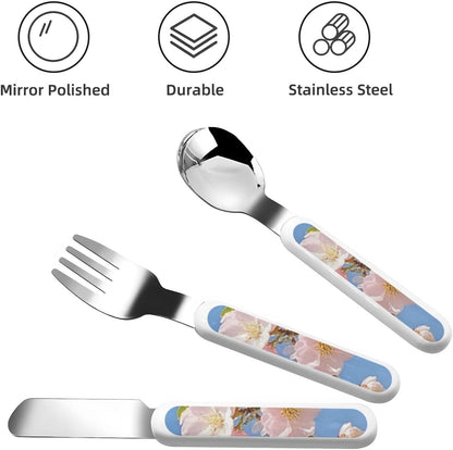 Stainless Steel Kids Silverware Set, Japanese Floral Cherry Blossom Utensil Set Reusable Children Safe Knife Spoon Fork Set With Storage Case Dishwasher Safe For Lunch, Travel Outdoors