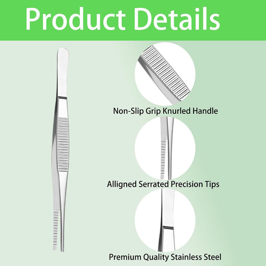 3PCS Stainless Steel Tweezers Set 8" 10" 12", Long Kitchen Tongs with Precision Serrated Tips for Cooking, Medical, Garden, Aquarium and Laboratory Use