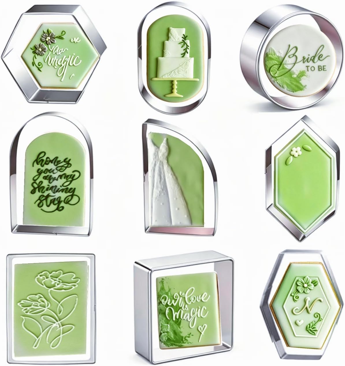 9 Pieces Geometric Plaque Cookie Cutter Set,Arch,Oval,Hexagon,Square,Rectangle，Circle，D-Shape，Long Diamond Frame Shape Stainless steel Molds for Kitchen Baking