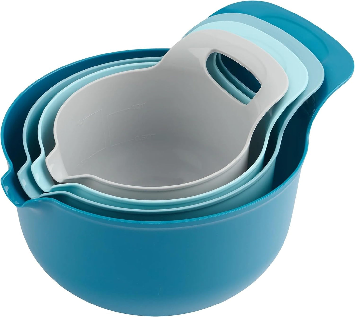 Four-piece nested plastic mixing bowl set with pour spout and handle, blue