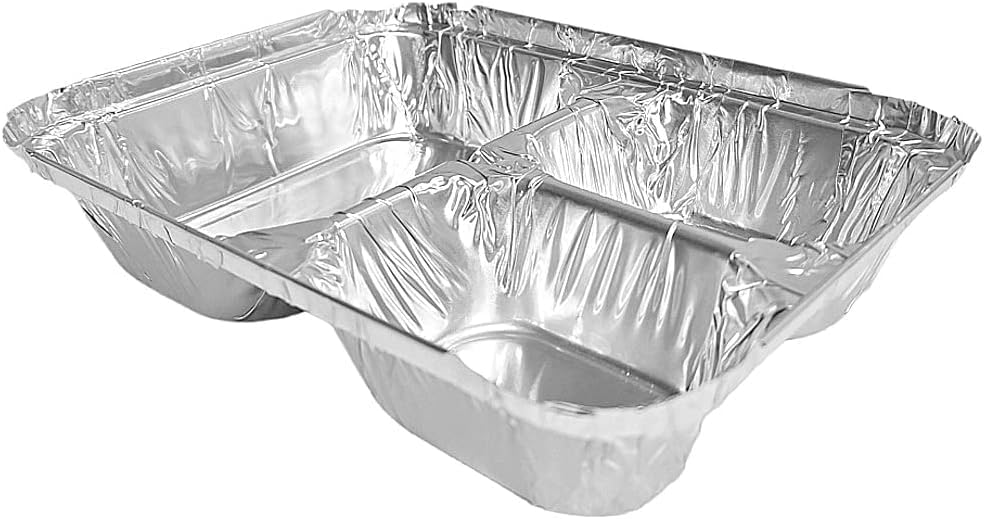 PACTOGO Aluminum Foil 3-Compartment TV Dinner Trays with Board Lid - 8x6 Disposable Tin Foil Pans for Baking, Meal Prep and Freezer, Takeout, Leftovers (Pack of 10 Sets)
