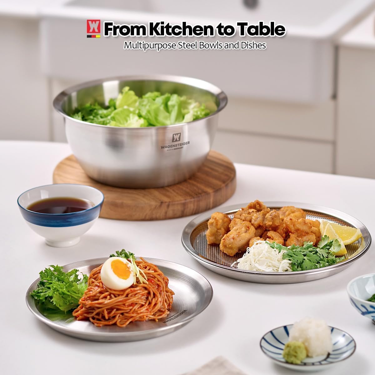 WAGENSTEIGER 3-Piece Stainless Steel Mixing Bowl Set with Strainer & Oil Drain Tray – Nesting Prep & Baking Bowls with Measurement Marks (9.45 in)