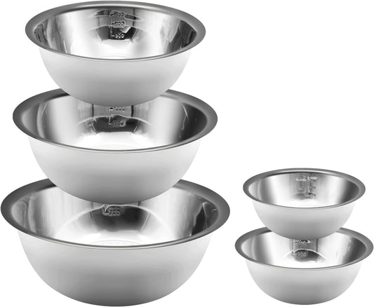 Mixing Bowls Set, Stainless Steel Mixing Bowl Set of 5, Space-Saving Nesting Metal Mixing Bowls for Home Kitchen, RV Kitchen, Baking, Prep, Cooking, Serving, Marinating
