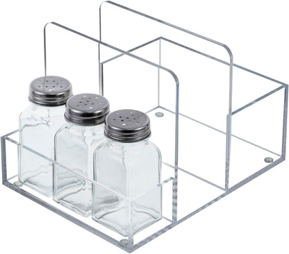 MyGift 2-in-1 Acrylic Napkin Holder with Salt and Pepper Shakers, Metal Vintage Scrollwork Dinner Table Paper Towel Condiment Holder with Rustic Solid Wood Base (Premium Clear Acrylic)