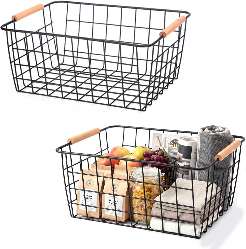 Metal White Wire Basket,Food Storage Organizer with Wooden Handles, pantry organizers and storage for Organizing Kitchen Cabinets potato onion, 2 Packs