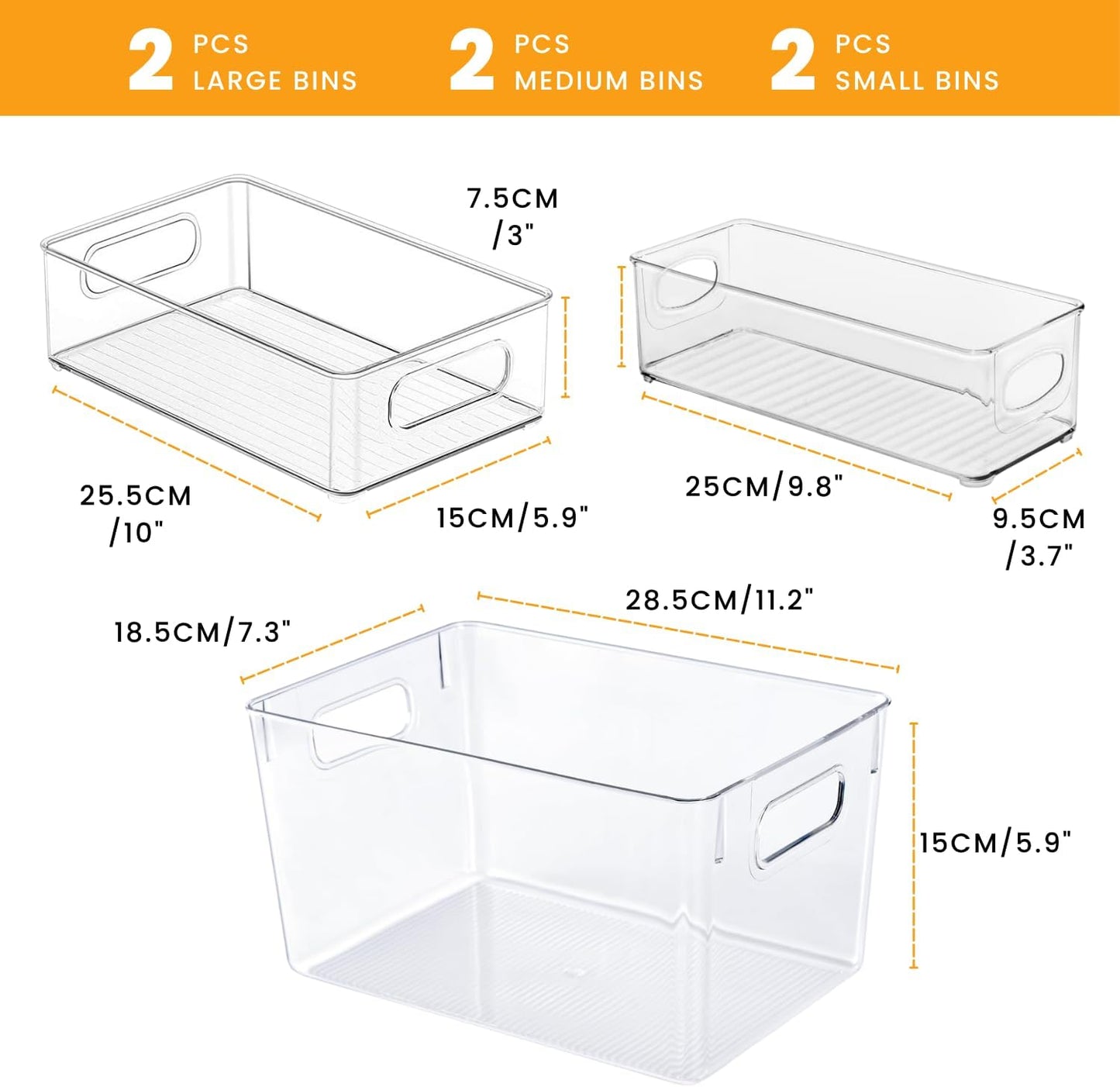Stackable Refrigerator Organizer Large Bins, 6 Pack (3 Different Size) Clear Kitchen Organizer Container Bins with Handles for Pantry, Cabinets, Shelves, Drawer, Freezer, Fridge - Food Safe, BPA Free