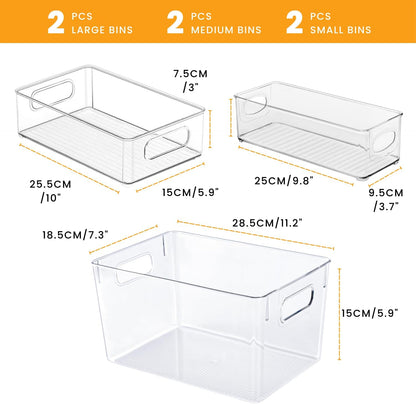 Stackable Refrigerator Organizer Large Bins, 6 Pack (3 Different Size) Clear Kitchen Organizer Container Bins with Handles for Pantry, Cabinets, Shelves, Drawer, Freezer, Fridge - Food Safe, BPA Free