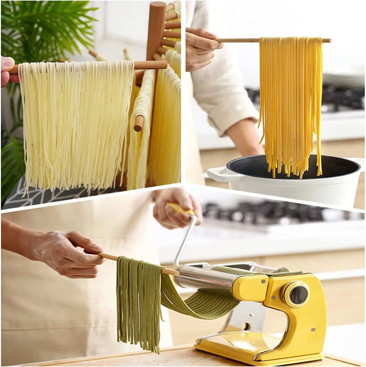 Collapsible Pasta Drying Rack, Wooden Pasta Stand Dryer with 16 Suspension Rods, Foldable Fresh Noodle Hanger, Easy Storage and Quick Set-Up Hanging Rack for Home Kitchen (01)