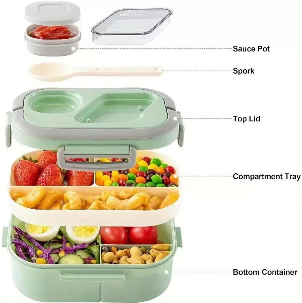 Adults Bento Lunch Box,Salad Container Large 43oz Salad Bowl, Bento-Style Tray for Toppings, 3oz Sauce Container for Dressings, and Built-In Reusable Fork (Green)