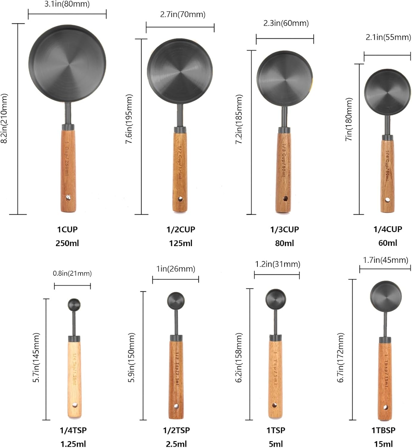 Gold Measuring Cups and Spoons Set with Fragrant Wood Handles, Premium Stainless Steel Measuring Spoons and Measuring Cups Set, For Cooking and Baking in the Kitchen (8 Piece)