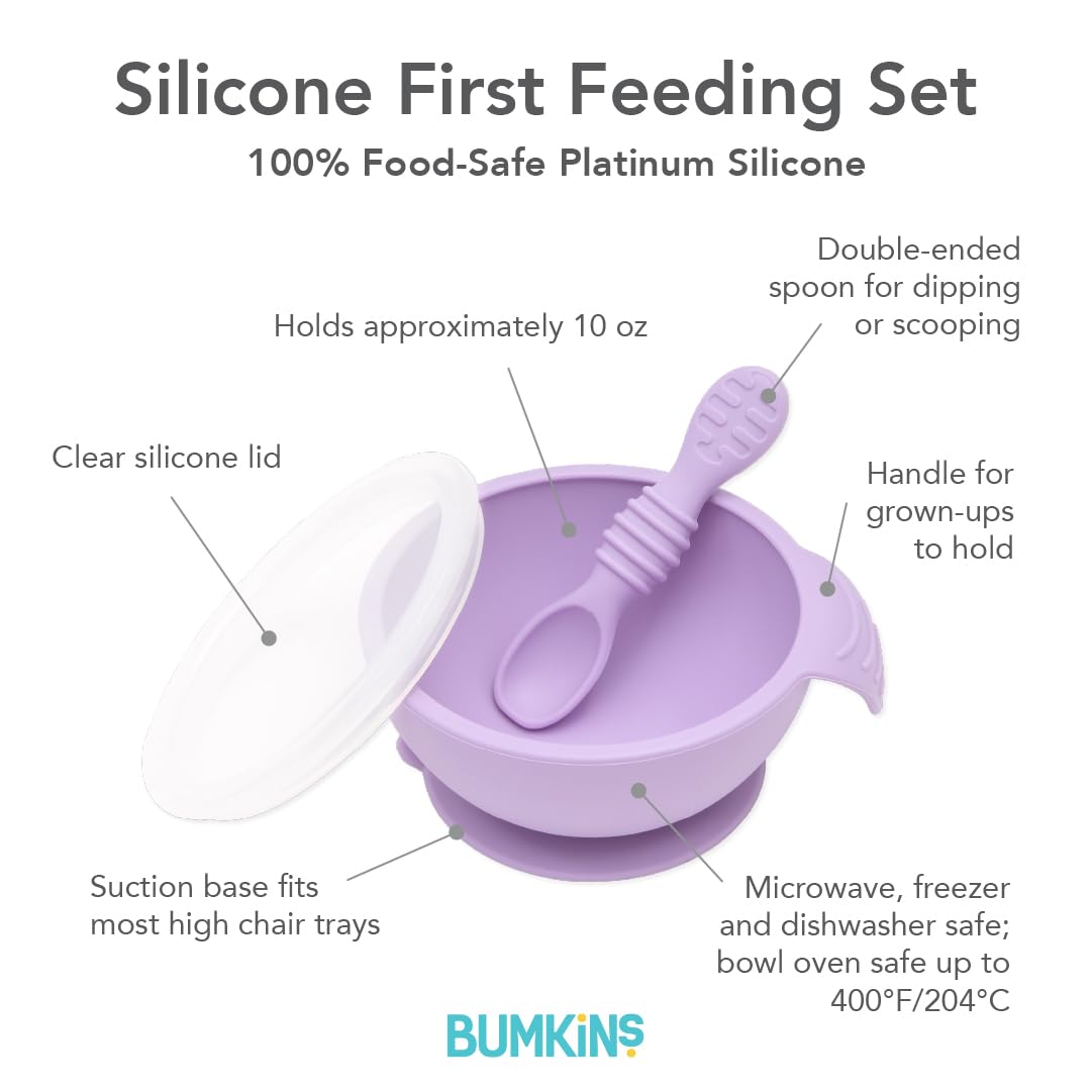 Bumkins Baby Bowl, Silicone Feeding Set with Suction for Baby and Toddler, Includes Spoon and Lid, First Feeding Set, Training Essentials for Baby Led Weaning for Babies 4 Months Up, Sage