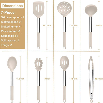 E-far Silicone Cooking Utensils Set, 7 Pcs Heat Resistant Kitchen Utensils with Stainless Steel Handle, Slotted Turner, Spoon, Soup Ladle, Pasta Server, Skimmer, Tongs for Nonstick Cookware, Black