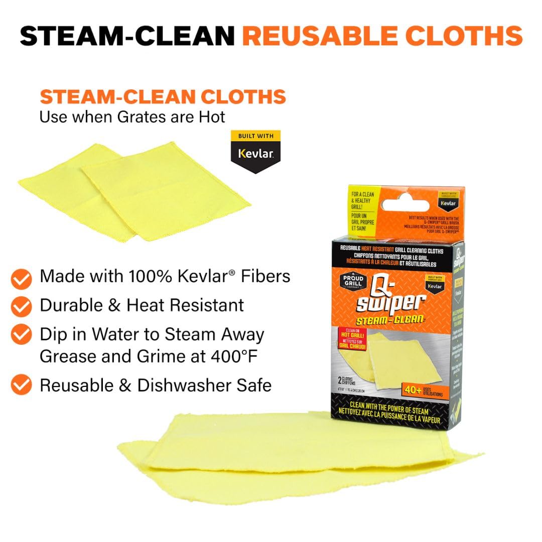 Proud Grill Q-Swiper Steam-Clean Grill Cleaning Cloths - Made with 100% Kevlar Fibers, Reusable Steam Cloths for BBQ Grates, Cast Iron & Stainless Steel, Heat-Resistant, Dishwasher Safe - Pack of 2