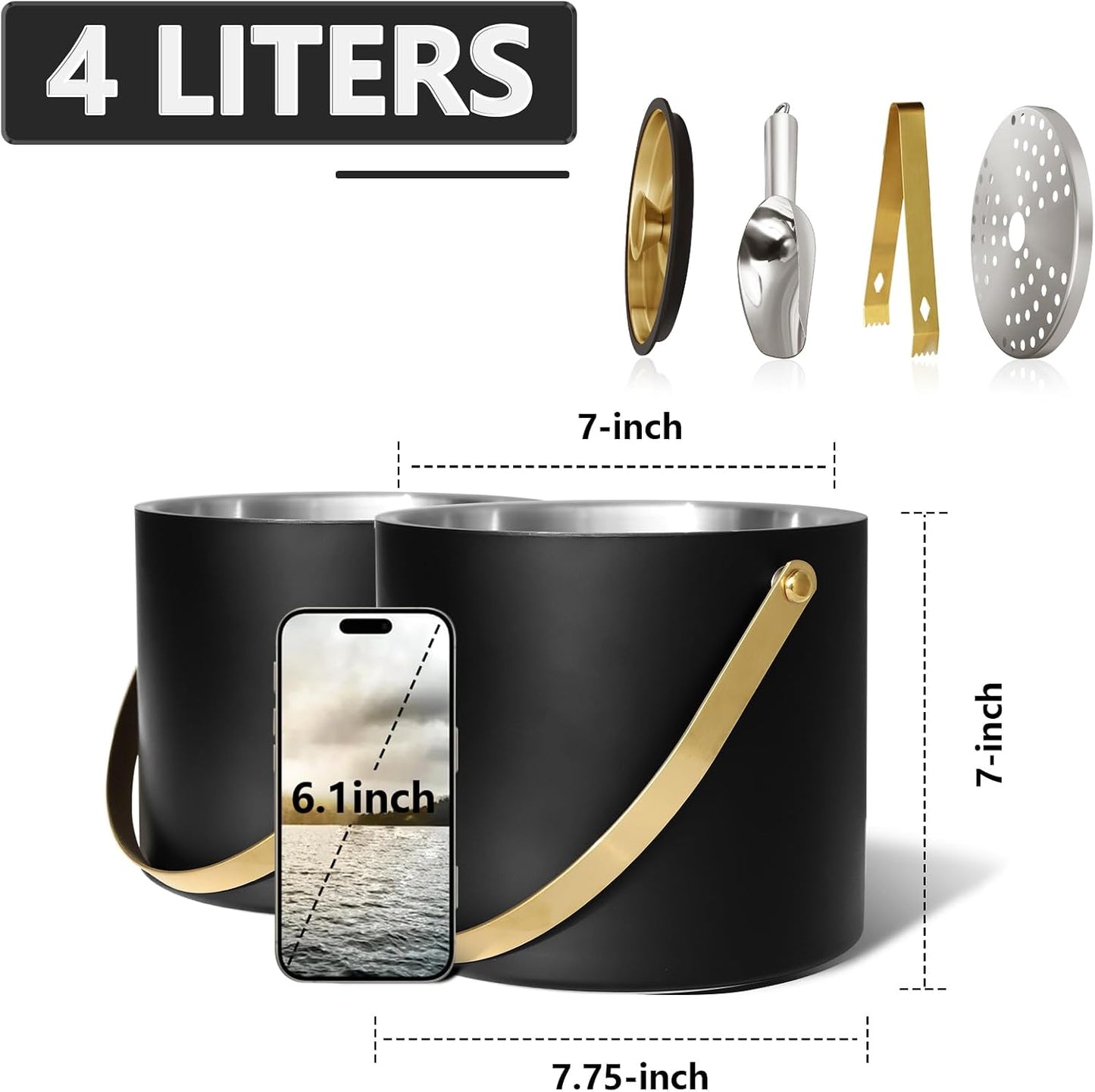 Bakpoco Insulated Ice Bucket with Silicone Lid, Scoop, Tongs & Strainer, 3L Stainless Steel Double Wall Ice Buckets for Parties & Cocktail Bar, Champagne Ice Bucket with Lid for Freezer, Ivory