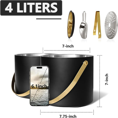 Bakpoco Insulated Ice Bucket with Silicone Lid, Scoop, Tongs & Strainer, 3L Stainless Steel Double Wall Ice Buckets for Parties & Cocktail Bar, Champagne Ice Bucket with Lid for Freezer, Ivory
