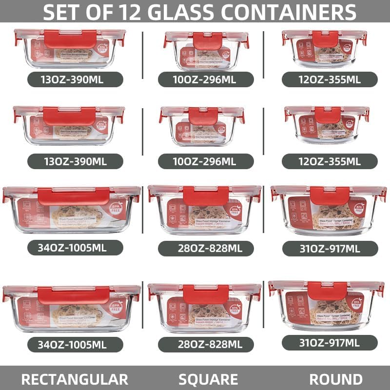12 Pack Glass Storage Containers Transparent, Stackable Design Meal Prep Containers for Food Storage, Home, Kitchen & Pantry Organization, Microwave/Freezer/Dishwasher Safe