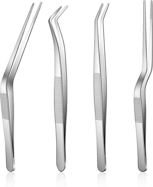 Nogeqi 4 pcs Food Tweezers, Kitchen Tweezers for Cooking, Stainless Steel Chef Tweezers, 6.3 Inch Food Chef Culinary Tweezers Tongs Set for Baking Decorating Feeding Plating(Silver)