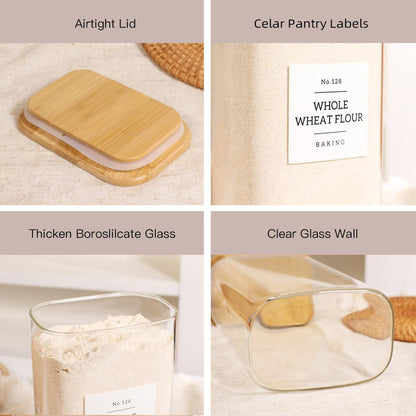 2 Pack large Square Glass Flour and Sugar Containers with 132 Kitchen Pantry Labels - 149 floz & 71 floz - Glass Jars with Airtight Bamboo Lid - Glass Rice Canisters for Coffee, Pasta, Cookie, Cereal