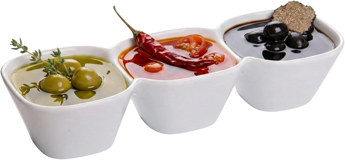 Restaurantware 18 Ounce Triple Bowl Serving Dish 1 Square Porcelain Condiment Tray - Serve Snacks Dips or Condiments For Parties Buffets Or Catering White Porcelain 3 Section Serving Dish