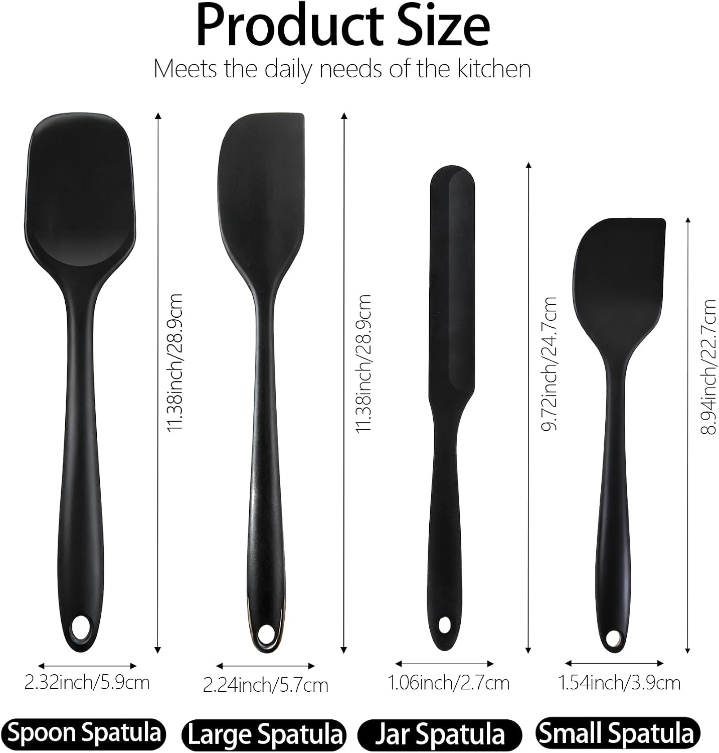 Silicone Spatula Set, Food Grade Rubber Spatula, 4 Pcs Heat Resistant Silicone Spatulas, One Piece Design Non-Stick Kitchen Utensils for Cooking, Stirring, Baking & Mixing, Dishwasher Safe (Black)