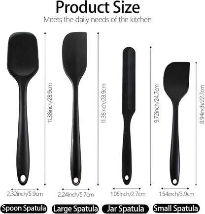 Silicone Spatula Set, Food Grade Rubber Spatula, 4 Pcs Heat Resistant Silicone Spatulas, One Piece Design Non-Stick Kitchen Utensils for Cooking, Stirring, Baking & Mixing, Dishwasher Safe (Black)