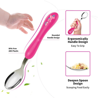 Lehoo Castle 6 Pieces Toddler Utensils, Kids Silverware for 2 3 4 Years Old, Stainless Steel Fork and Spoon Set with Plastic Handle, Safe Toddler Cutlery (Dinosaur)