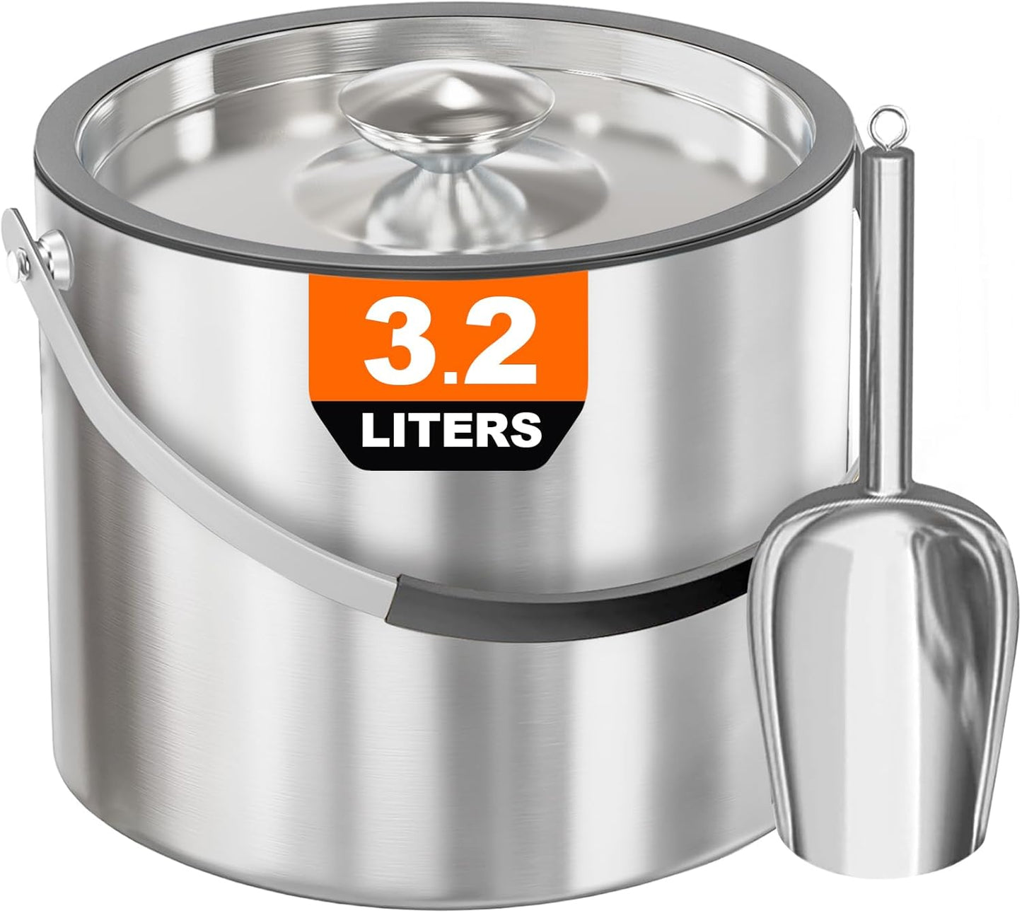3.2L/3.4QT Modern Insulated Ice Bucket with Silicone Lid, Scoop, Strainer, Double Wall Stainless Steel Ice Bucket for Parties & Cocktail Bar,Ideal for Gift(Black)