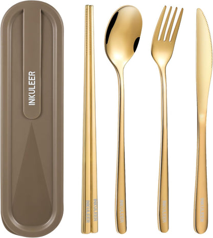 iNKULEER Travel cutlery set, 18/8 stainless steel cutlery, Reusable utensils set with case, Portable Silverware Lunch Box for Camping and Office (Pink)