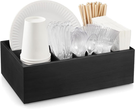 Black Utensil Holder for Party - Wooden Paper Plate and Utensil Caddy for Countertop - Silverware Caddy for Cup Fork Spoon Napkin - Cutlery Organizer for Kitchen Camping Buffet Picnic