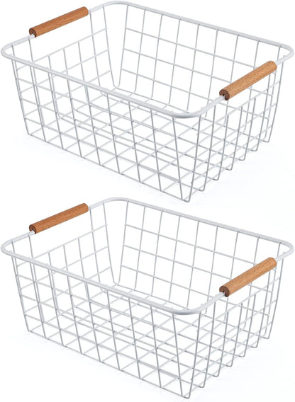 Wire Basket 4 Pcs Wire Storage Baskets Wire Baskets Organizing with Wooden Handles Wire Basket Pantry Organization and Storage Metal Wire Food Storage Basket for Kitchen, Cabinets (Black 4PCS)