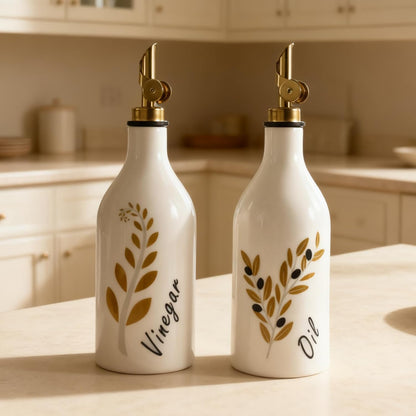 Oil and Vinegar Dispenser with Spout Set of 2, 13.5oz Olive Oil Dispenser Bottle for Kitchen Leakproof Oil Containers with Stainless Steel Pourer Suitable for Oil, Vinegar, Soy Sauce