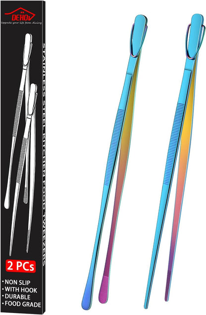 DEHOV 12 Inch Gold Stainless Steel Kitchen Tweezers For Cooking Tongs Set of 2, Metal Long Food Tweezers, BBQ Grill Tongs For Pasta
