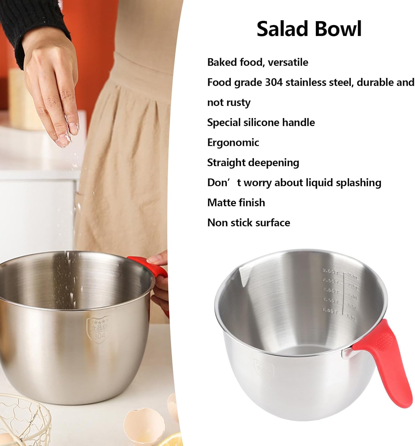 Stainless Steel Mixing Bowl, Non Slip Mixing Bowls with Handle and Pour Spout for Kitchen Egg Whisking Salad Serving Baking Cooking (3600ML)
