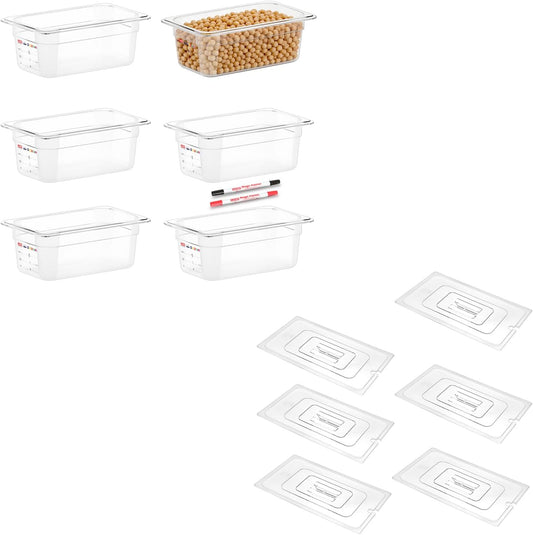 6 -Pack 1/4 Size 4" Deep Polycarbonate Food Pans, and Handled & Notched Lids Bundle