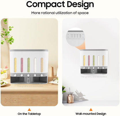 Dry Food Dispenser Wall mounted 5 Grid Cereal Dispenser Storage Rice Dispenser with Measuring Cup Individual Containers and Removable Walls for Rice, Beans, Beads Kitchen