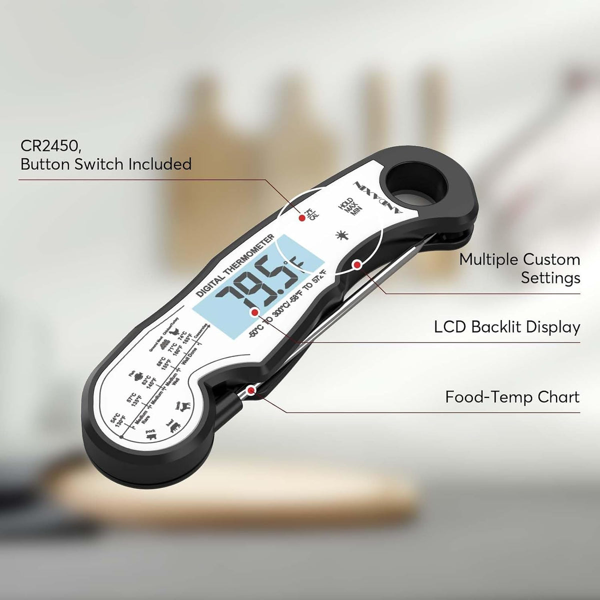 Meat Thermometer Digital for Grilling and Cooking - ANDAXIN Waterproof Ultra-Fast Instant Read Food thermometers with Backlight & Calibration for Kitchen, Deep Fry, BBQ, Grill(Red/Black), LCD