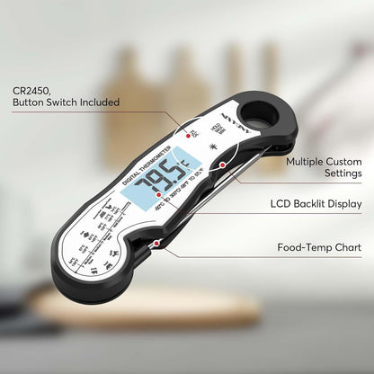 Meat Thermometer Digital for Grilling and Cooking - ANDAXIN Waterproof Ultra-Fast Instant Read Food thermometers with Backlight & Calibration for Kitchen, Deep Fry, BBQ, Grill(Red/Black), LCD