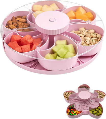 Divided Serving Tray That Spins,Upgrade 5-Compartment Rotating Party Platter, Perfect for Snacks, Dips & Party Appetizers with Lid,Lazy Susan Organizer, Portable Veggie Platter for Party,Travel|Picnic