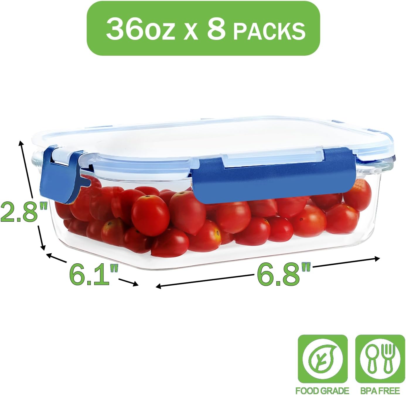 8 Pack 36oz Large Glass Meal Prep Containers with lids, Glass Food Storage Containers with Leak Proof Snap Lock Lids , Airtight Bento lunch Boxes, Kitchen Storage, Oven, Freezer and Dishwasher Safe