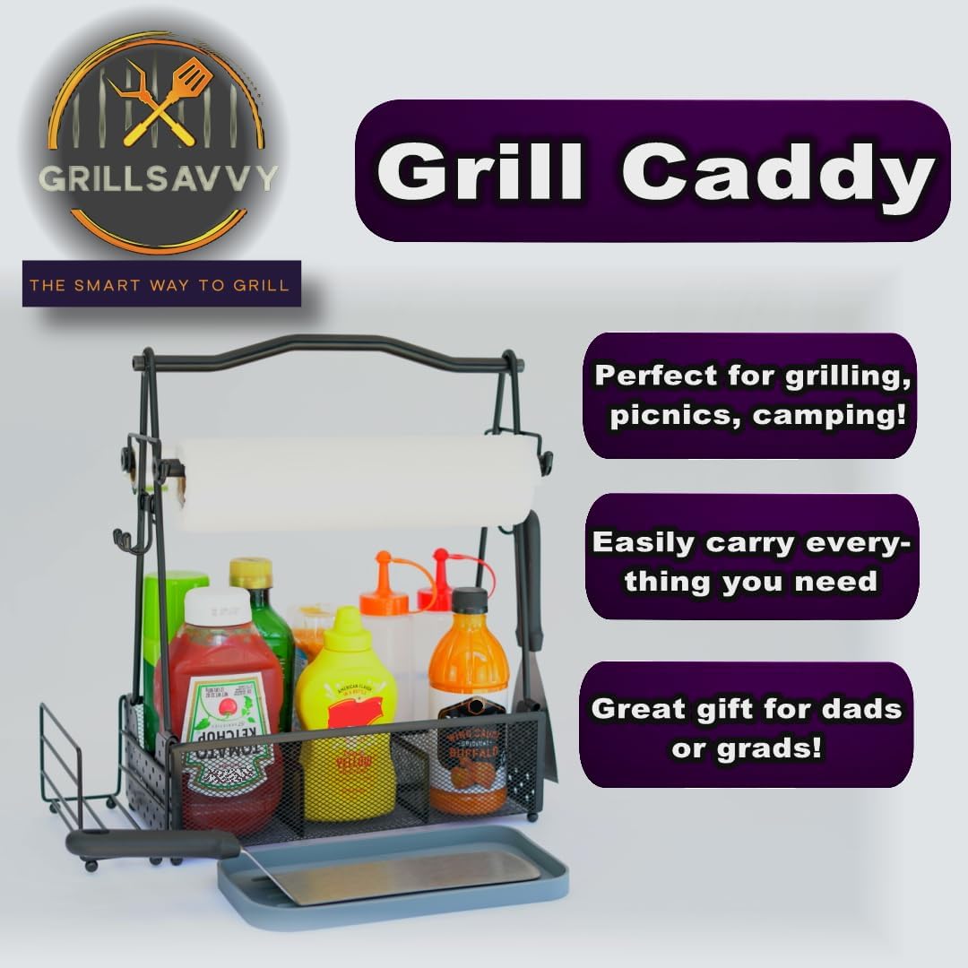 Grill Caddy for Outdoor Kitchen - Foldable Picnic Caddy for BBQ Accessories - Versatile Outdoor Kitchen Accessories Basket with Paper Roll Holder, Hooks & Compartments