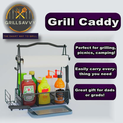 Grill Caddy for Outdoor Kitchen - Foldable Picnic Caddy for BBQ Accessories - Versatile Outdoor Kitchen Accessories Basket with Paper Roll Holder, Hooks & Compartments