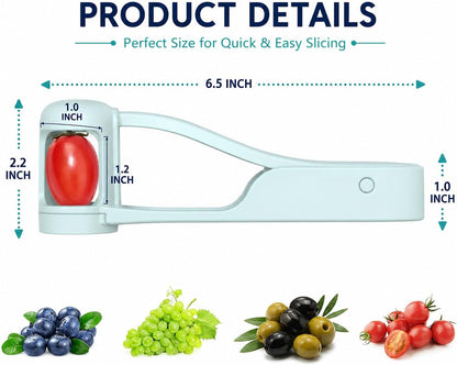 Grape Cutter Tool, Cherry Tomato Slicer & Small Fruit Quartering Tool, Stainless Steel Serrated Blades, One-Hand Kitchen Prep Gadget for Grapes, Olives, Salads & Snacks, Sky Blue