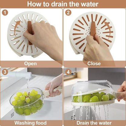 Multifunctional Fruit Washing Bowl, Berry Washing Bowl,Foldable Handle Fruit Strainer Container with Lid, Kitchen Colanders & Food Strainers, Suitable for Washing Fruits and Vegetables