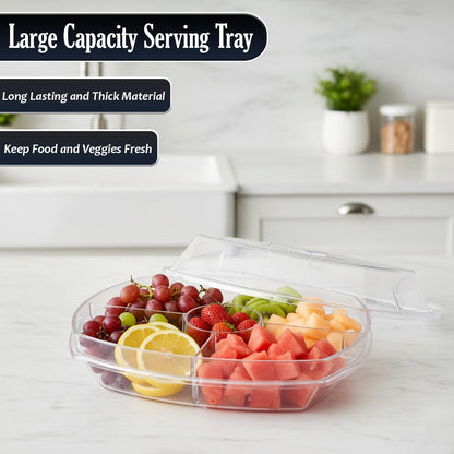 Chilled Serving Tray with Lid, 15” Large Fruit & Vegetable Platter Tray with Ice Compartment, Party Serving Platter with 6 Forks & 3 Tongs, Cold Food Serving Tray for Parties