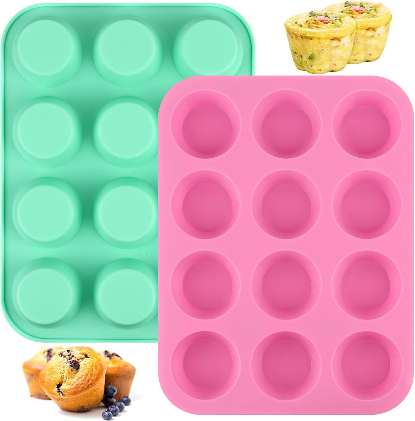 Sakolla 2 Pack Silicone Egg Bite Molds for Air Fryer, Nonstick 7 Cups Air Fryer Muffin Pan for Baking Egg Bite, Mini Muffins, Tart, Mini Cupcake and Quiche (Pink + Green)