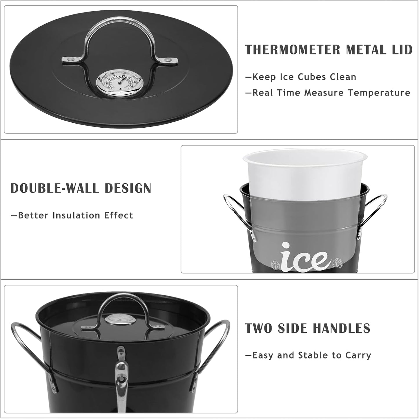 Double Wall Ice Bucket with Thermometer, Metal Wine Chiller Bucket with Lid & Scoop - for Champagne, Wine, Cocktails and Parties, Large Insulated Ice Holder - Perfect for Home & Outdoor Use,Red