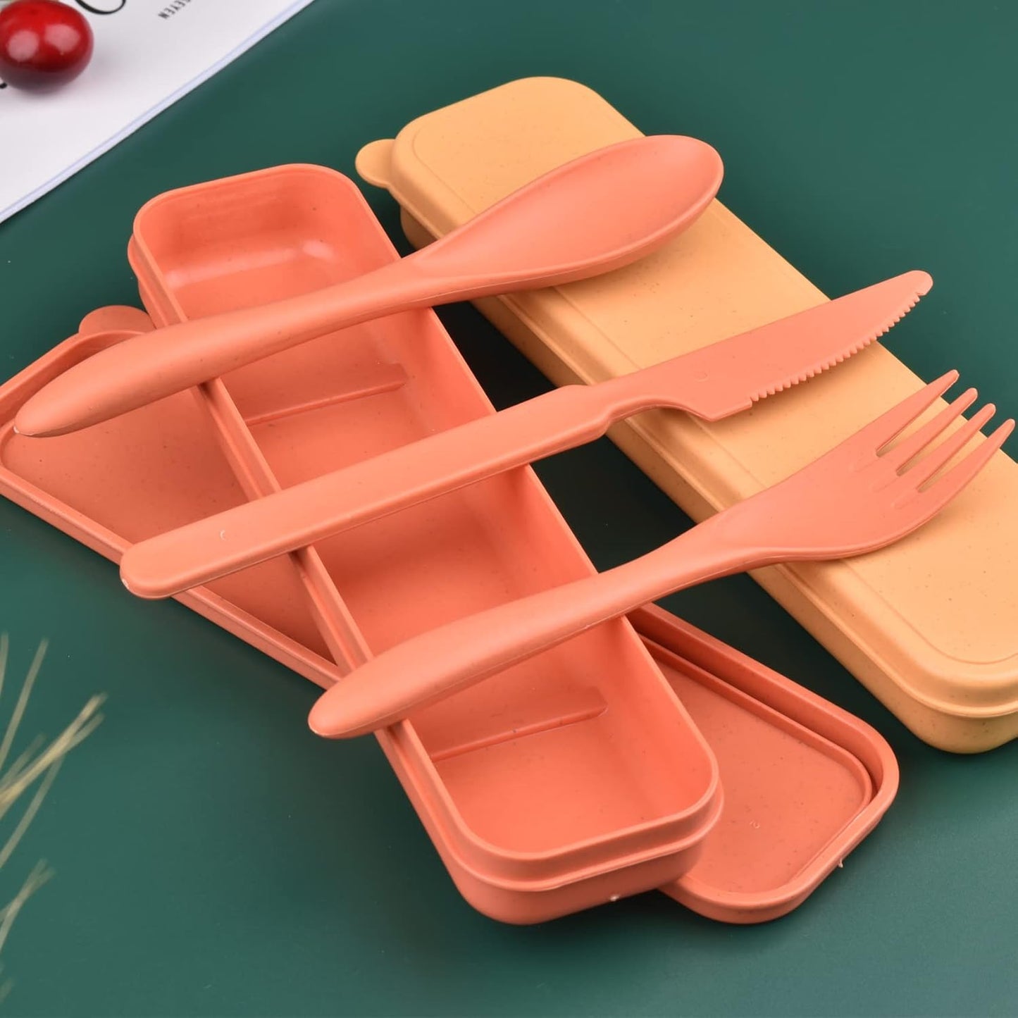 2 Sets Reusable Utensil Set with Case, Portable Camping Fork Knife Spoon Set, Wheat Straw Travel Utensils for Lunch Box, for School Work Lunch or Daily Use (Green, Blue)