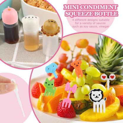 CALIDAKA 55Pcs Kids Bento Box Accessories Including Animal Food Picks Mini Condiment Bottles Ketchup Squeeze Bottle,Salad Dressing Container for Camping Kids Box Accessories