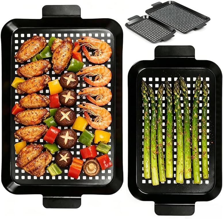 Ayiusedeza 2PCS Grill pan, BBQ Grill Topper for Outdoor Grill with Hole, Non-stick enamel coating, suitable for picnicking, camping, yard (2 pieces)