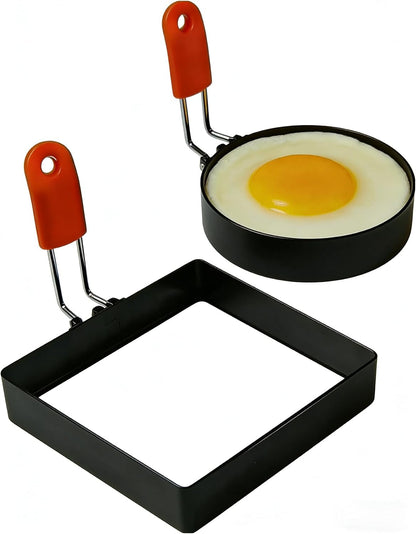Hhyn Round & Square Egg Rings Set with Orange Silicone Handle
